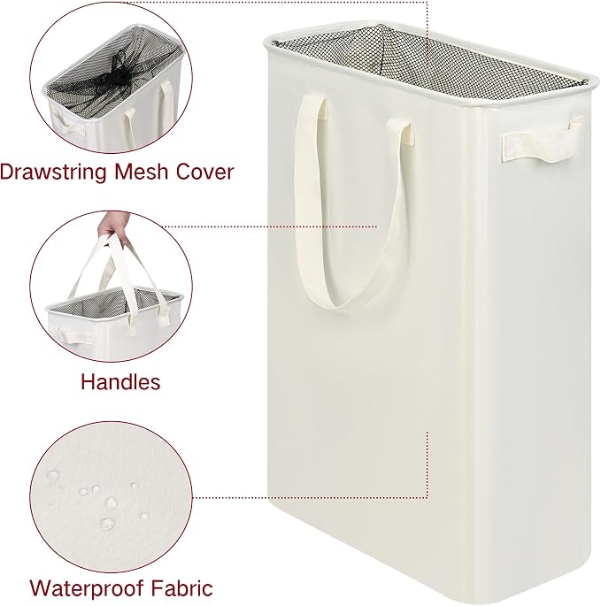 efluky Slim Laundry Basket, Narrow Laundry Hamper with Handles, Collapsible Dirty Clothes Hamper, Tall Laundry Bin for Laundry Room, Dorm and Bedroom, 12.7 Gallons(48L) Beige - Image 4