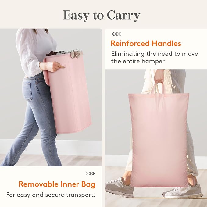 Lifewit Slim Laundry Basket with Lid, Narrow Large Laundry Hamper with Plastic Handles and Removable Bag, Tall Foldable Dirty Clothes Hampers for Laundry Room, Bedroom, Bathroom, Dorm, 65L Pink - Image 8