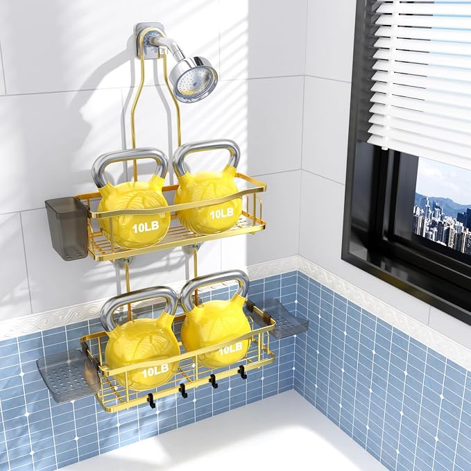 Aitatty Hanging Shower Caddy Bathroom Organizer: Rustproof Shower Shelf Racks Over Shower Head - No Drilling Inside Bath Shower Rack Shelves Over Showerhead for Shampoo with Soap Holder Gold - Image 4