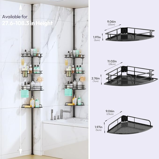 SWTYMIKI Shower Caddy Tension Pole - 4-Tier Corner Shower Organizer Tension Rod, Toothbrush Holder & 4 Hooks, Adjustable Stainless Steel Bathroom Organizer 27.6 to 108.3 inch, Black with Towel Bar - Image 4