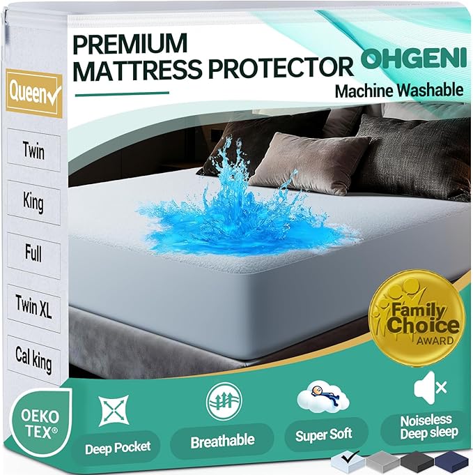OhGeni 100% Waterproof Mattress Protector, Queen Size Blue, Fitted Sheet with Deep Pockets, 6''-18'', Premium Noiseless Breathable Soft Material, Mattresses Cover for Bed