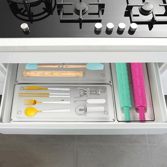 Ohlove 6 Pcs Large Clear Plastic Drawer Organizers Tray 15" x 6.3" Storage Bins with 25 Pcs Non-Slip Pads for Makeup, Jewelries, Kitchen Utensils, Bathroom and Office - Image 4