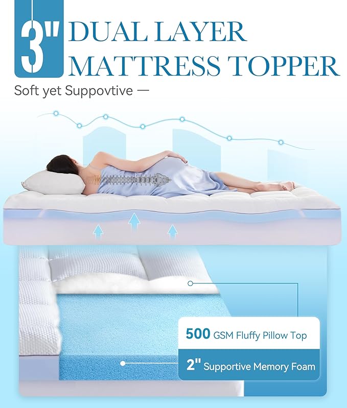 BDEUS Waterproof Dual Layer Memory Foam Mattress Topper Twin XL Size for Dorm Room, 2 Inch Gel Memory Foam Plus 500 GSM Down Alternative Quilted Pillow Top Mattress Pad Cover for Kids, Pets