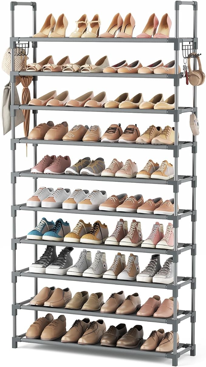 VTRIN 10 Tiers Shoe Rack Tall Large Capacity Wide Shoe Organizer Sturdy Shoe Shelf for Entryway with Two Hooks Metal Shoe Storage for Closet, Bedroom, Grey by VTRIN