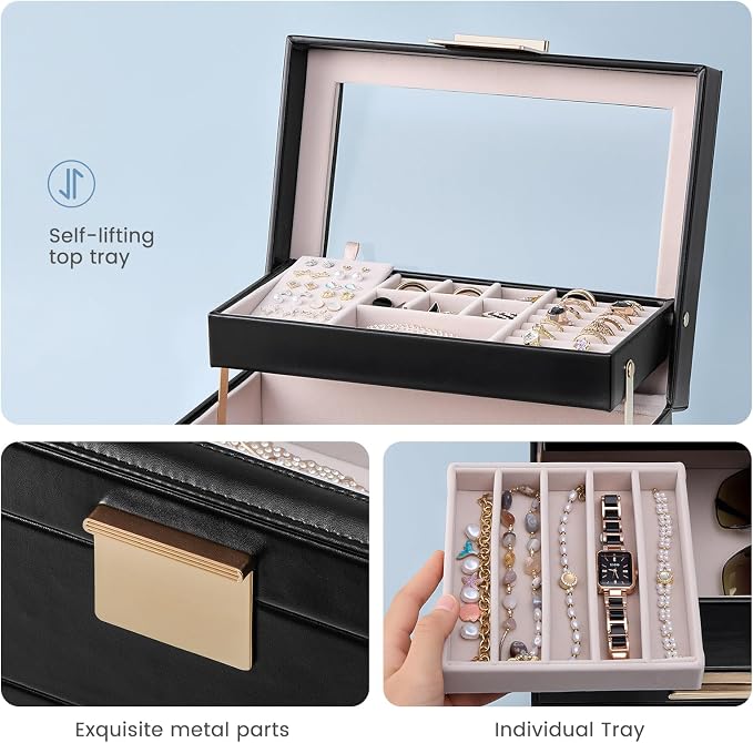Lolalet Jewelry Box, Clear Window Jewelry Organizer with Drawer for Earrings Bracelets Necklaces Rings, Jewelry Storage for Women -Black, 3 Layers - Image 3