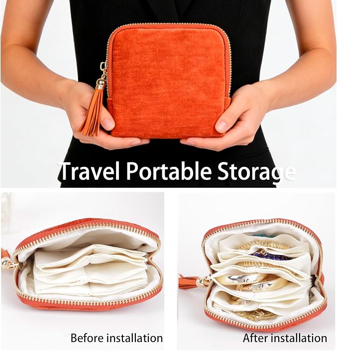 ASINGYER Travel Jewelry Storage Bag for Women, Velvet Portable Jewelry Organizer with Tassel Zipper, Small Pouches for Bracelets Necklaces Rings Earrings, Wedding Gift for Women (orange) - Image 3