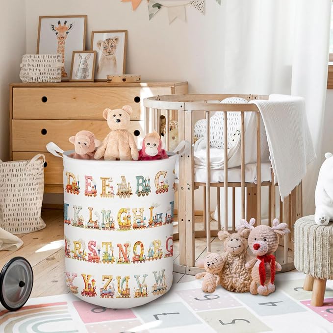 Kids Nursery Laundry Basket, Toybox for Girls Boys, Alphabets Trains Transportation Laundry Basket Hamper Waterproof Collapsible Storage Bin Organizer for Bedroom Bathroom Kids Room Clothes Toys - Image 2