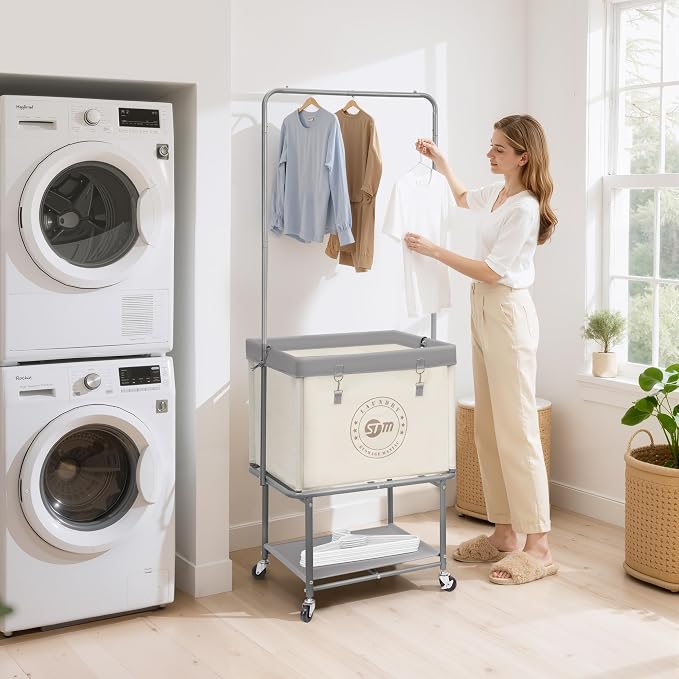 STORAGE MANIAC Rolling Laundry Cart with Hanging Bar & Storage Shelf, 110L Heavy Duty Large Laundry Basket with Clothes Hanging Rod, Study Clothes Hamper with Lockable Wheels, Beige - Image 6