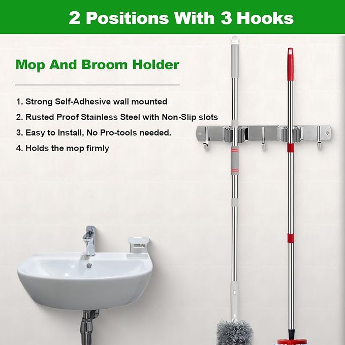 voze 2 Racks and 3 Hooks Mop and Broom Holder Wall Mount, Self Adhesive Heavy Duty Broom Organizer Storage Tool Racks for Kitchen Garden Laundry Garage - Image 3