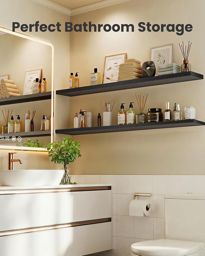 AMADA HOMEFURNISHING 47.2" L Floating Shelves, Wall Shelves Set of 3 for Bathroom/Living Room/Bedroom/Kitchen, Black Floating Shelves for Wall Decor with Invisible Brackets - AMFS55B - Image 6