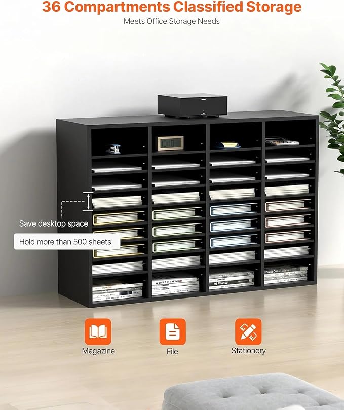 VEVOR Wood Literature Organizer, 36 Compartments, Mailboxes Slot with Removable Shelves, File Sorter for Office, Home, Classroom, or Mailrooms Organization, Black - Image 6
