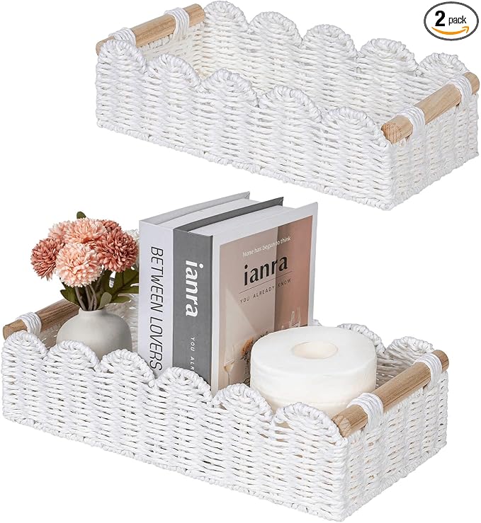 CubesLand Toilet Paper Storage Basket, Scalloped Edge Shelves Basket for Organizing for Over Toilet Tank Storage, Home Decor Baskets for Shelf, Countertop, Living Room, Bedroom, Handwoven, White by CubesLand