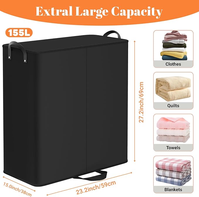Large Double Laundry Hamper with Lid, Removable Bags & Reinforced Handles, 2 Section Tall Laundry Basket, Dirty Clothes Hampers for Laundry Room, Bedroom, Bathroom, Dorm, 155L, Black - Image 2