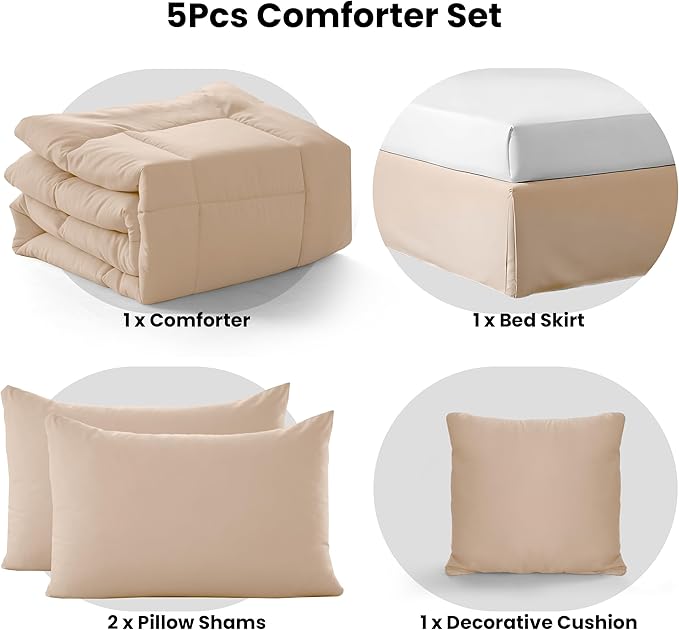 LUX Décor 5pc King Comforter Set, All-in-One Bed in a Bag, Includes 1 Comforter, 2 Pillow Shams, 1 Decorative Pillow & 1 Bed Skirt (Beige, King)
