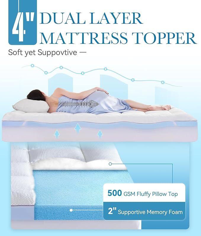 BDEUS Waterproof Dual Layer 4 Inch Memory Foam Mattress Topper Queen Size, 2 Inch Gel Memory Foam Plus 2 Inch Down Alternative Quilted Pillow Top Mattress Pad Cover for Kids, Pets