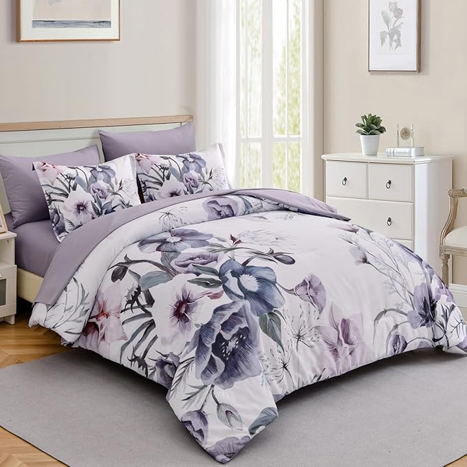 Luxudecor Floral Comforter Set Full Size 7 Piece, Purple Flower Bed in a Bag, Elegant Floral Comforter with Sheet Set, Soft Microfiber Bedding Set for All Season (Purple, 80"x90")