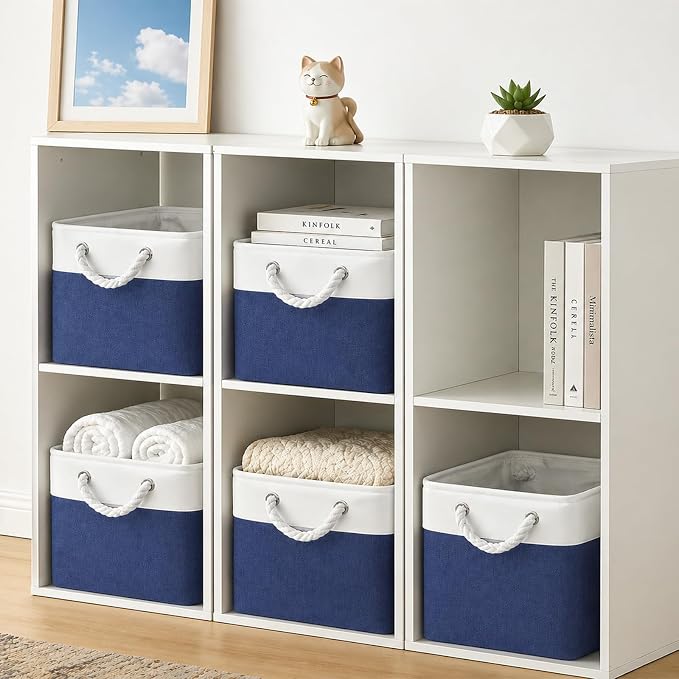 Cube Storage Bins, Collapsible Fabric Storage Cubes Bins, 11 Inch Cube Storage Bins with Handles, Foldable Storage Cubes (White/Navy, 6Pack) - Image 3