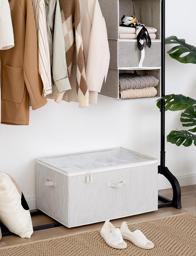 StorageWorks Shoe Organizer for Closet, Fits up to 24 Pairs, Shoe Cubby Storage Containers with Adjustable Dividers and Clear Cover, Khaki and Beige Stripes - Image 2