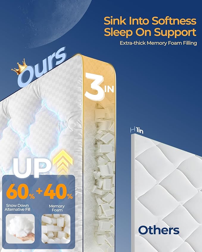 3 Inch Queen Mattress Topper, Extra Thick Memory Foam Mattress Pad for Back Pain, Pillow Top Mattress Topper Queen with Breathable Air Mesh Sides, Soft Fluffy Supportive Pressure-Relieving Bed Topper