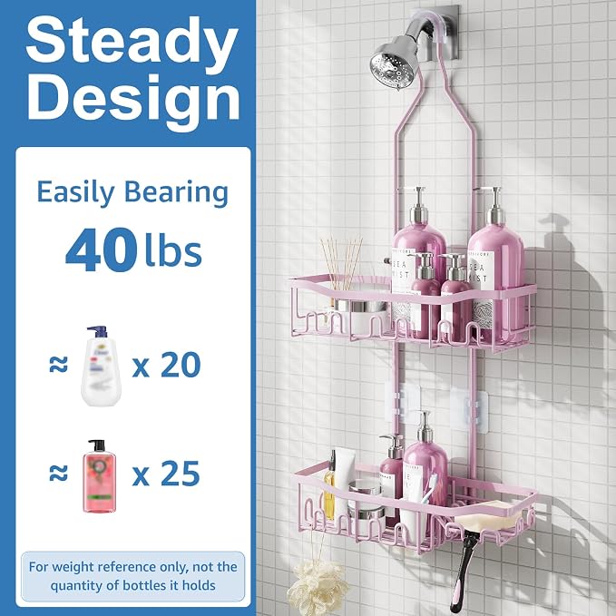 Shower Caddy, Upgraded Extended Length Shower Caddy Over Showerhead No Blocking to Shower Head, Rustproof Shower Organizer with Hooks Shampoo Soap Holder, Bathroom Large Hanging Shower Caddy - Image 6