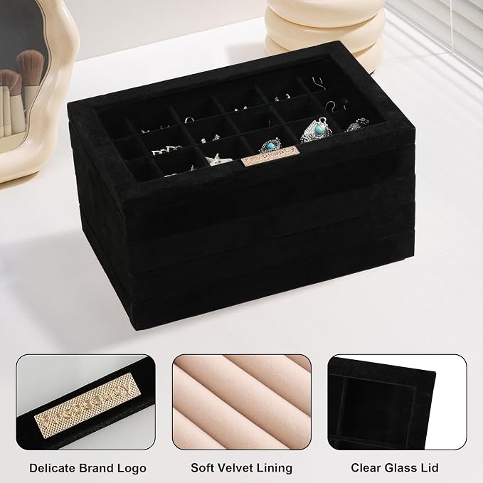 Frebeauty Earring Holder Stackable Jewelry Trays,Velvet Drawer Jewelry Organizer with Glass Lid, 5 in 1 Jewelry Box for Earrings Rings Studs,10.5 x 6.5 x 5.55 Inches Gift for Women (Black) - Image 5