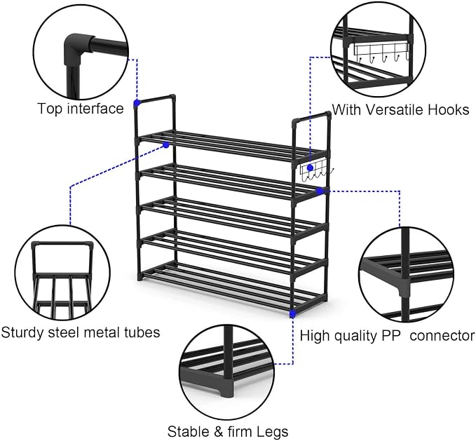 Hsscblet 5 Tiers Metal Shoe Rack,Adjustable Shoe Shelf Storage Organizer with Hooks,Stackable Boot & Shoe Storage,for Entryway,Hallway,Closet,Black - Image 6
