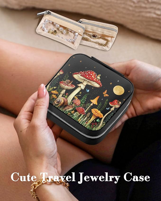 Bistup Travel Jewelry Case - Small Jewelry Organizers and Storage Box for Women Girls Teens Cute Traveling Jewelry Holder with Mirror Little Tiny Compact Modern Unique Aesthetic Pretty, Mushroom - Image 3