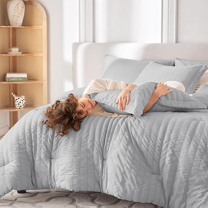 MUXHOMO 7 Pieces California King Comforter Set, Seersucker Bed in a Bag Cal King Size, All Season Luxury Bedding Set with Comforter, Flat Sheet, Fitted Sheet, Pillowcases & Shams, Light Grey