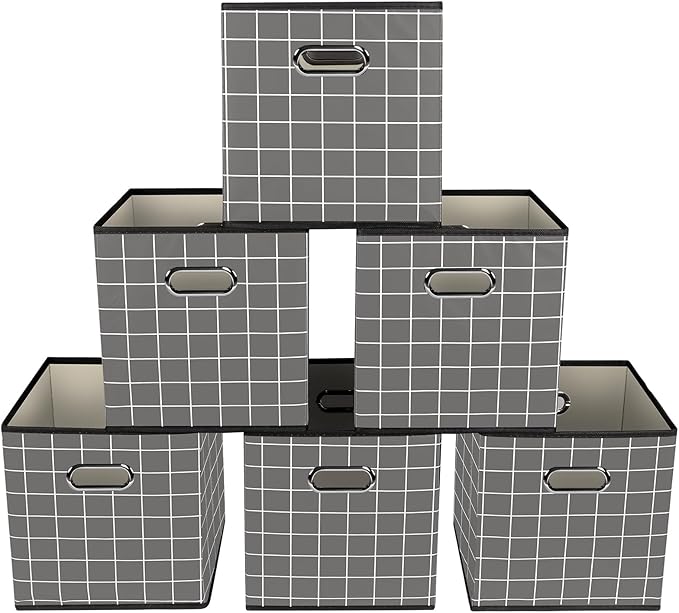 Yunkeeeper storage bins Cubes, Fabric Cube Organizer with Handle, Foldable Cube Bins for Cloth or Accessary Storage, 11x11x11, Set of 6, (Grey grid) by Yunkeeper