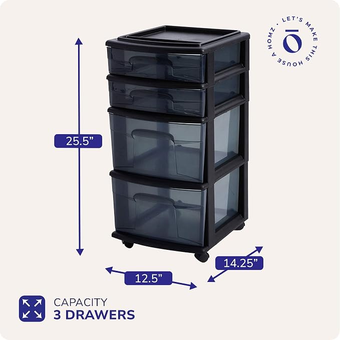 HOMZ Drawer Tower, 4-Tier Clear Plastic Storage Organizer Cart, Black Frame - Rolling Drawer Containers with Wheels for Bathroom, Bedroom, Office, and Classroom Organization - Image 3