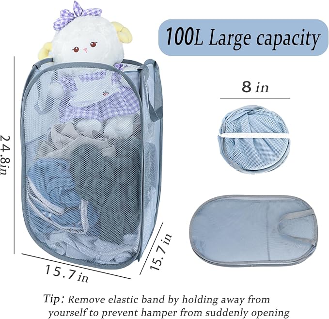 Upgraded 100L Extra Large Collapsible Laundry Hampers. Pop Up Laundry Basket Mesh with Pocket, Fold Compact, Large Hold Portable Travel Laundry Bag for Dorm Storage Bin, Grey. V - Image 2