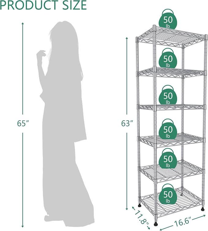 GIOTORENT 6-Tier Storage Shelves Standing Shelving Metal Units, Adjustable Height Wire Shelf Display Rack for Pantry Laundry Bathroom Kitchen 16.6” x 11.8” x 63”, Silver - Image 5