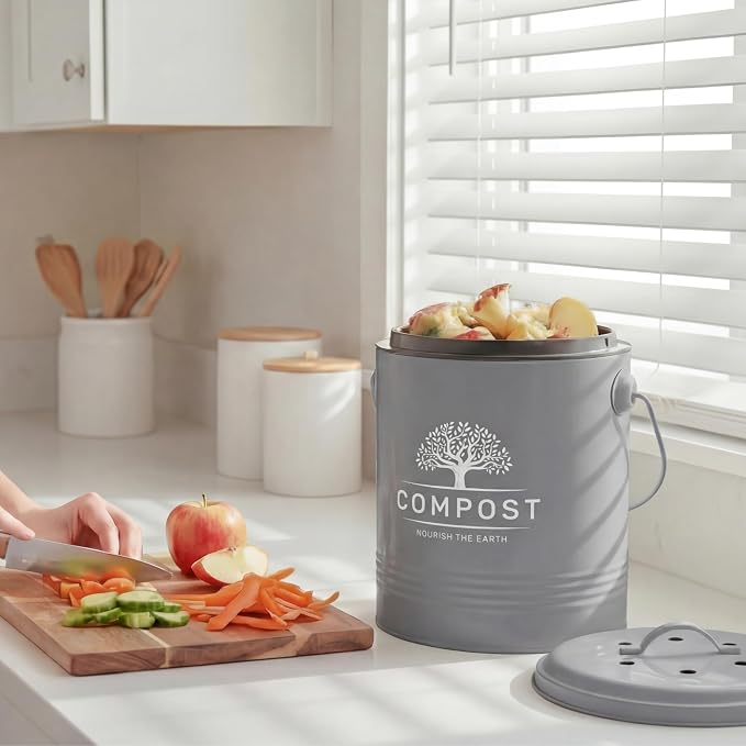 Perfnique Kitchen Compost Bin, 1.3 Gallon Countertop Compost Bin with Lid, Indoor Compost Bucket Includes Inner Bucket Liner and Carbon Filter, Small Compost Bin with Trash Bags (with Bags, Grey) - Image 5