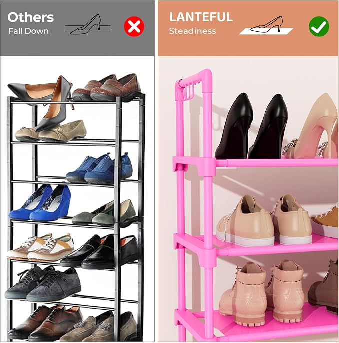 LANTEFUL 3 Tier Shoe Rack for Closet, Shoe Organizer with 5 Hooks, Long Shoe Shelf Storage for Shoe and Boot Stackable Free Standing Shoe Rack for Entryway, Garage, Small Spaces, Dorm, Pink - Image 6