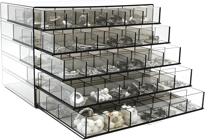 Clear Grey Acrylic Jewelry Storage Box, Earring Jewelry Organizer with 5 Drawers, 5-Layer Jewelry Box for Women, Earring Display Holder for Earrings Ring Bracelet Necklace, 120 Grid Storage Box - Image 5