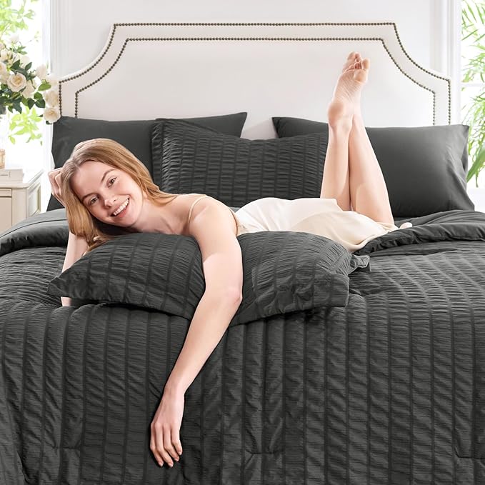 CozyLux Twin Comforter Set with Sheets 5 Pieces, Dark Grey Seersucker Textured Bed in a Bag, Dark Gray Luxury Soft Bedding Sets with Down Alternative Comforter, Sheets, Pillowcase & Sham All Seasons