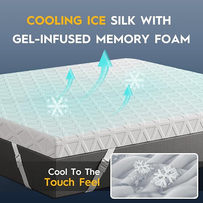ELEMUSE 2 Inch Gel Memory Foam Mattress Topper Full - Cooling Ice Silk Removable & Washable Cover, Mattress Topper for Back Pain Relief, Adjustable Strap & Non-Slip, CertiPUR-US Certified
