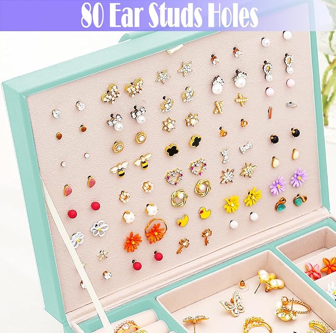 Earrings Jewelry Box for Girls, Large Capacity Jewelry Organizer with 40-Pair Earring Board, 2-Layer Leather Jewelry Storage Box for Necklaces Rings Bracelets with Removable Tray(Gift Idea),Turqueoise - Image 8