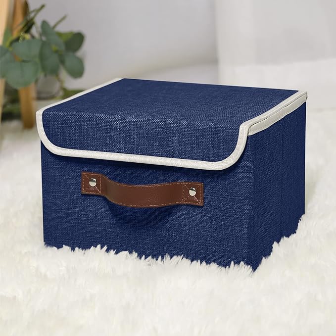 ANMINY 4PCS Storage Bins with Lid PU Leather Handles Storage Boxes PP Plastic Board Decorative Foldable Lidded Cotton Linen Fabric Home Cubes Baskets Closet Organizer Containers - Blue, Small Size - Image 6
