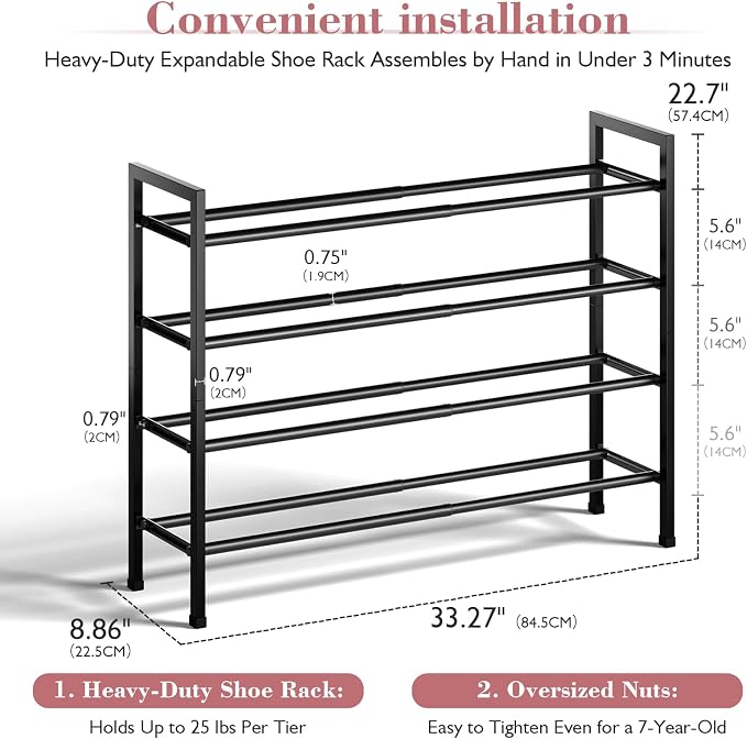 Bumusty 4-Tier Expandable Shoe Rack for Closet, 18“-33” Adjustable Shoe Rack for Small Space, Small Shoe Organizer for Front Door, Sturdy Metal, Black - Image 3