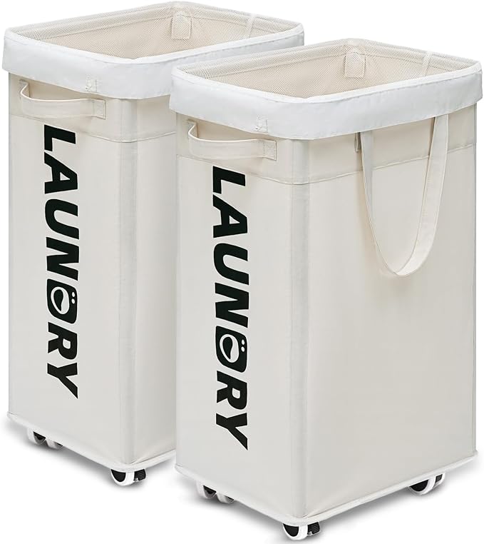 Goodpick Laundry Baskets with Wheels and Handle, 2-Pack 75L Collapsible Laundry Baskets, Clothes Laundry Basket with Removable Wash Bags for Corner Dorm, White Rolling Laundry Hamper by Goodpick