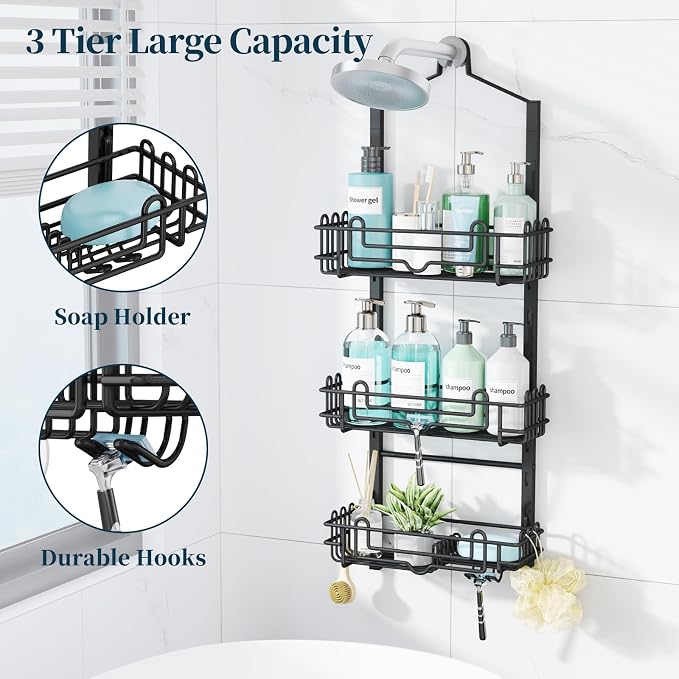 Consumest Shower Caddy Hanging – Rustproof Over Shower Head Hanger with Soap Holder and Hooks, Anti-Slip Shower Shelves for Storage, Bathroom Organizer for Apartment, Dorm, Black - Image 3