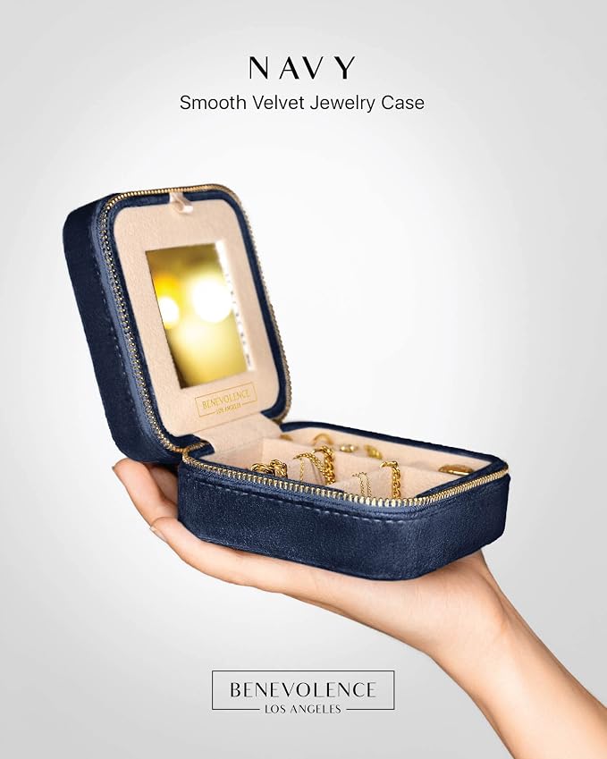 Benevolence LA Plush Velvet Jewelry Box | Travel Jewelry Case Organizer with Mirror | Featured in Oprah's Favorite Things | Best Gifts For Daughter, Girlfriend, Mom | Gifts For Her - Navy Blue - Image 2