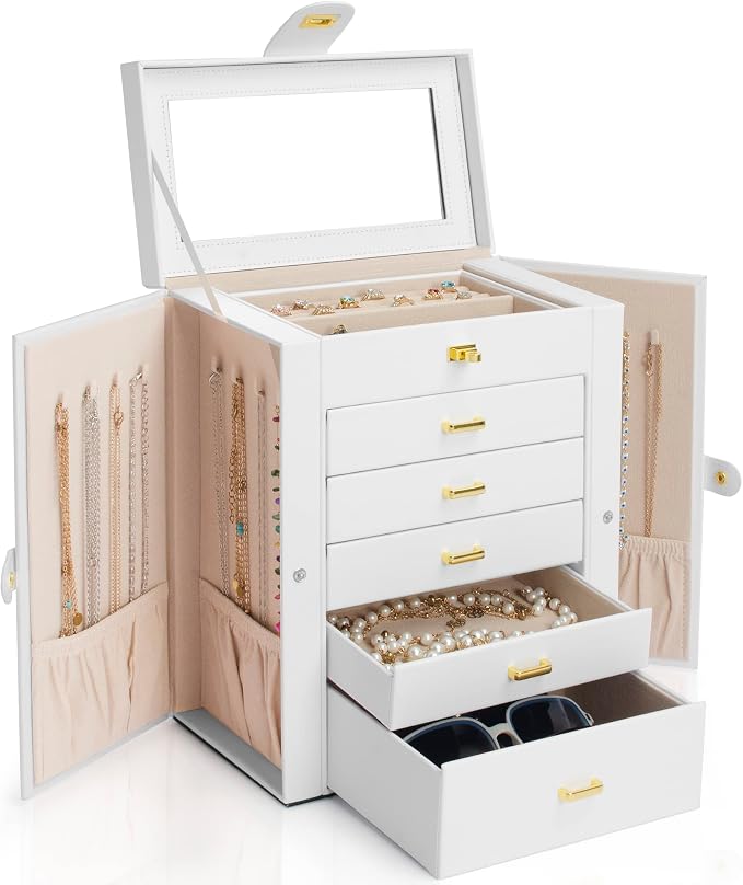 AKOZLIN Functional 6-Tier Jewelry Box Organizer with 5 Drawers Leather Jewelry Storage Case for Women Girls Ring Necklace Earring Bracelet Holder Organizer with Mirror White - Image 7