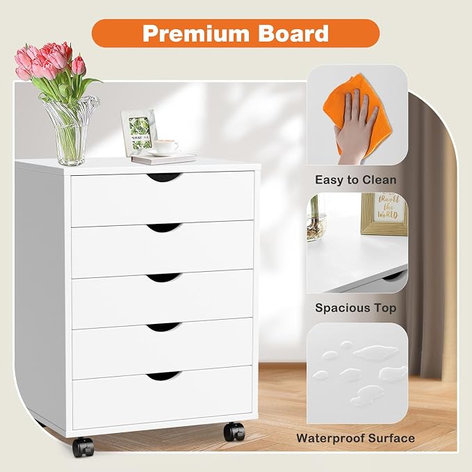 5 Drawer Mobile File Cabinet Under Desk Storage Organization with Wheels Vertical Filing Chest Rolling Wood Small Desk Printer Stand for Home Office, White - Image 6