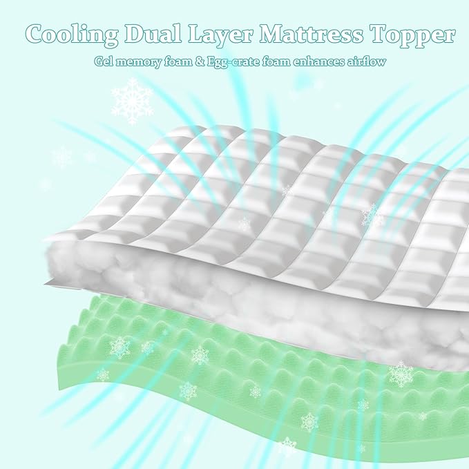 Memory Foam Mattress Topper King, 4inch Dual Layer Cooling 2''Gel Green Tea Memory Foam & 2" PillowTop Mattress Pad, 8-21inch Deep Pocket, Egg Crate for Back Pain Relief