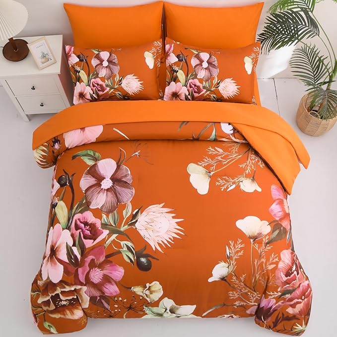 Luxudecor Terracotta Floral Comforter Set King Size 7 Piece, Flower Bed in a Bag, Elegant Floral Comforter with Sheet Set, Soft Microfiber Bedding Set for All Season (Terracotta, 104"x90")