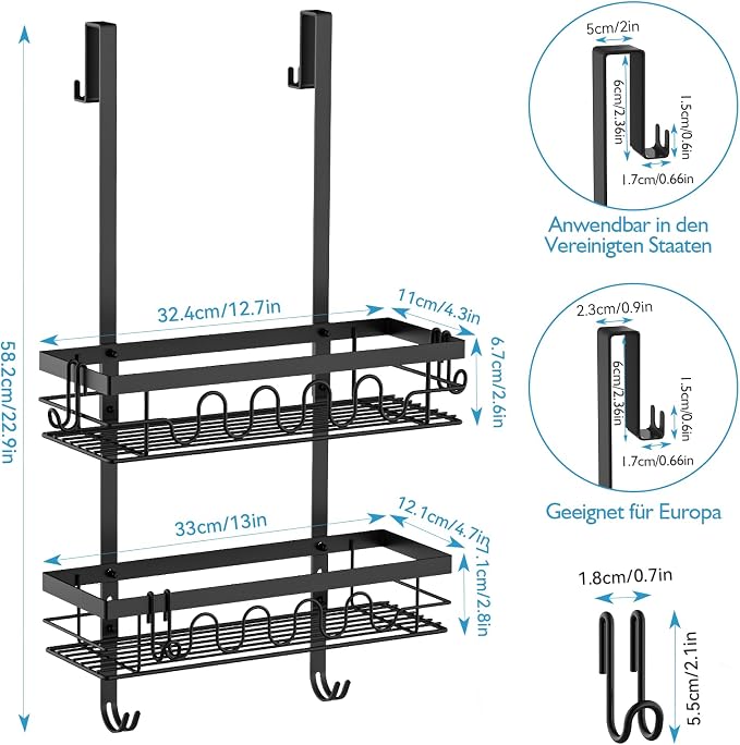 Over the Door Shower Caddy Hanging, 3-in-1 Rustproof Shower Organizer for Glass Door, No Drilling Shower Shelves with 4+3 Hooks, Wave Design, Stable, Adjustable Suitable for Kitchen/Bathroom/Balcony - Image 2