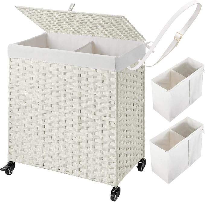 Greenstell Laundry Hamper with Wheels, No Install Needed, 110L Divided Handwoven Hampers & 2 Removable Liner Bags, Rattan Clothes Laundry Basket with Lid & Handles, Foldable Hampers White by Greenstell