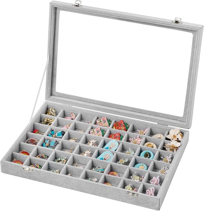 Frebeauty 48 Grid Jewelry Tray,Adjustable Earring Holder Organizer with Glass Lid,Velvet Drawer Jewelry Organizer for Rings,Studs,13.8 x 9.5 x 2 Inches Jewelry Display Box,Gift for Women(Grey) by Frebeauty